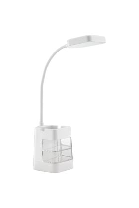 Brilliant Lomina oplaadbare witte bureaulamp van 38 cm hoog met twee scharnierpunten en langwerpige LED unit in de kop