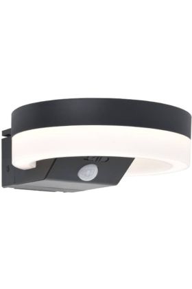 Lutec Runda antraciet grijze schijfvormige wandlamp van 18 cm breed met kantelbaar zonnepaneel bovenop 