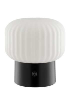 Brilliant Sarastro zwarte kunststof oplaadbare tafellamp voor buiten met wit ribbelglazen ovale kap met een hoogte van 14 cm en een diameter van 12,5 cm