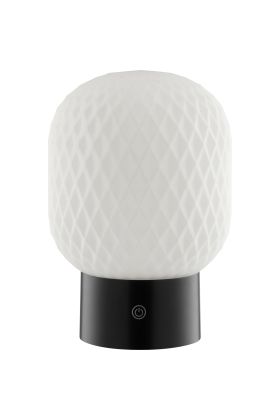 Brilliant Dupos zwarte kunststof oplaadbare tafellamp voor buiten met wit ribbelglazen ovale kap met een hoogte van 14 cm en een diameter van 12,5 cm