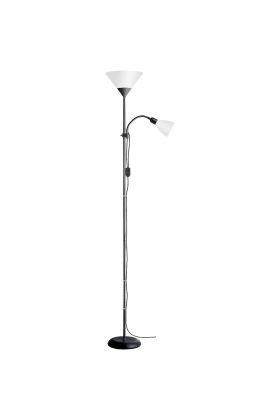 Brilliant Spari 93008/76 matzwarte uplighter met leeslamp en kappen van wit kunststof
