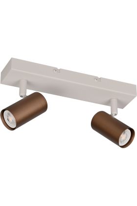 Reality Taryn compacte plafondspot met warmgrijze plafondbalk van 26cm en twee koffiebruine spotjs met 35mm GU10 lampje