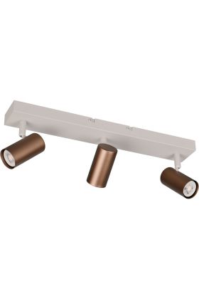 Reality Taryn compacte plafondspot met warm grijze plafondbalk van 44,5cm en drie koffiebruine spotjes met 35mm GU10 lampje