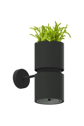 Thoro Kukkia TH.005CZ zwarte cilindervormige wandlamp met bovenin een plantenbak en onderin een lichtpunt