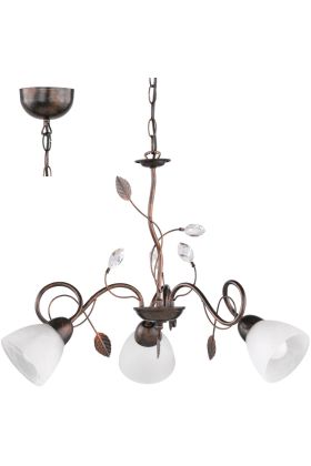 Trio Traditio 110700328 roestkleurige kroonluchter met kristallen en drie armen met kapjes van albast glas