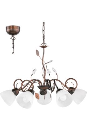Trio Traditio 110700528 roestkleurige kroonluchter met kristallen en vijf armen met kapjes van albast glas