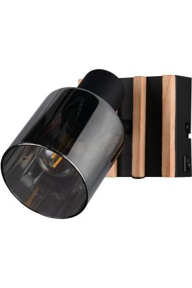 Reality Travia zwarte wandspot van 14,5 cm hoog met kiepschakelaar op het wandplaatje en houten latjes met rookglazen kapje