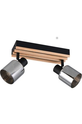 Reality Travia zwarte plafondspot van 26 cm lang met zwarte plafondbalk met vier houten latjes en twee spots met rookglazen kapje