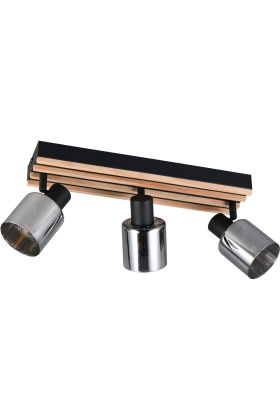 Reality Travia zwarte plafondspot van 40 cm lang met zwarte plafondbalk met vier houten latjes en drie spots met rookglazen kapje