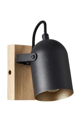 Brilliant Tronte 99795/86 Industriele wandspot met vierkante houten wandplaat en zwart metalen spot met goudkleurige binnenkant