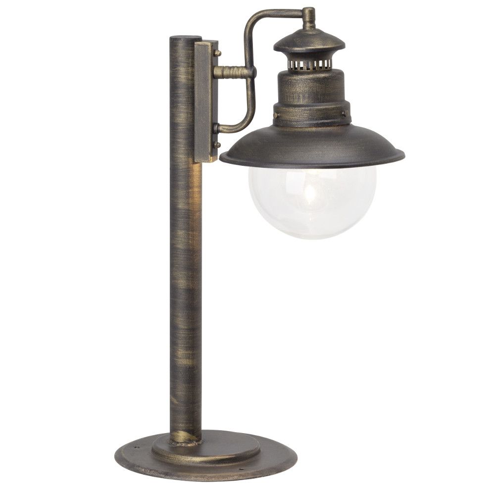 zwartgoud sokkellampje met kap in de stijl van een scheepslamp en rond helder glas